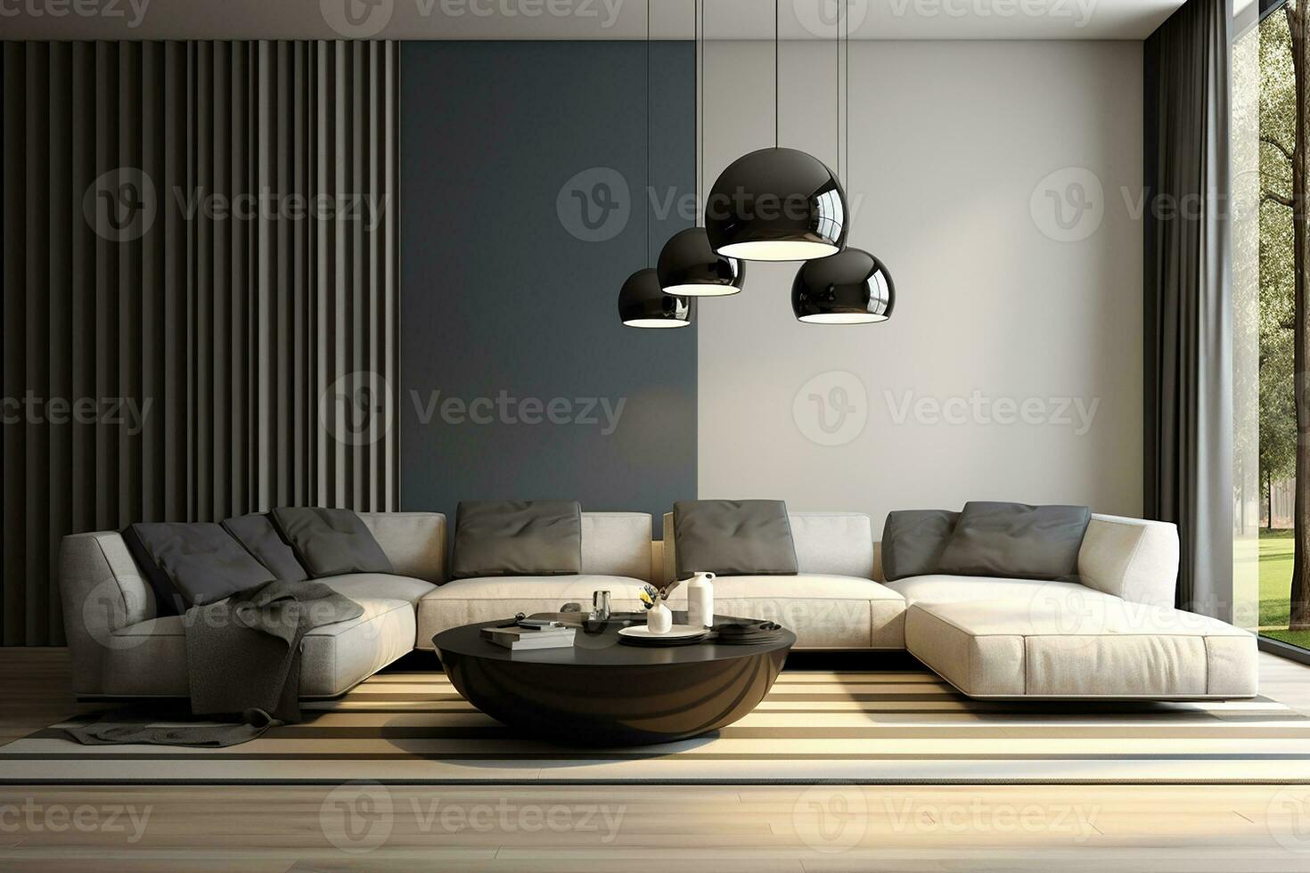 AI generated living room interior design with sofa minimal aesthetic 3d rendered photo