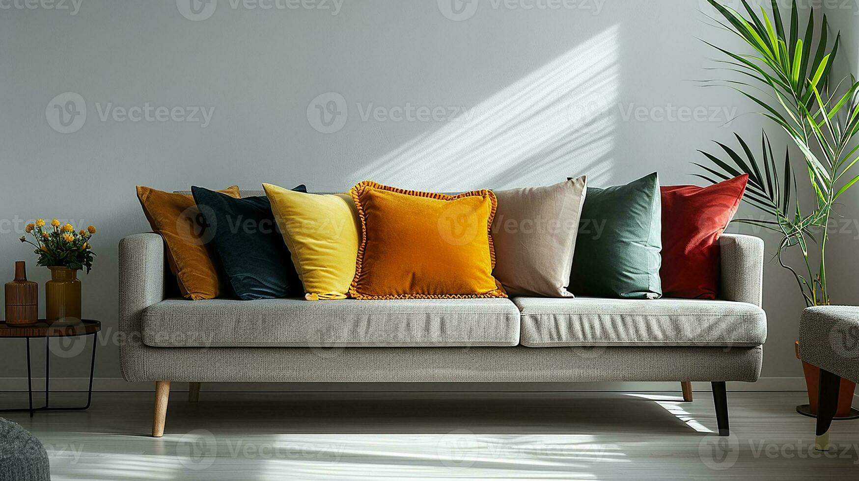 AI generated living room interior design with sofa minimal aesthetic 3d rendered photo
