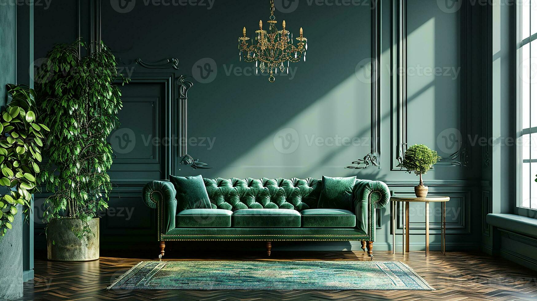 AI generated living room interior design with sofa minimal aesthetic 3d rendered photo