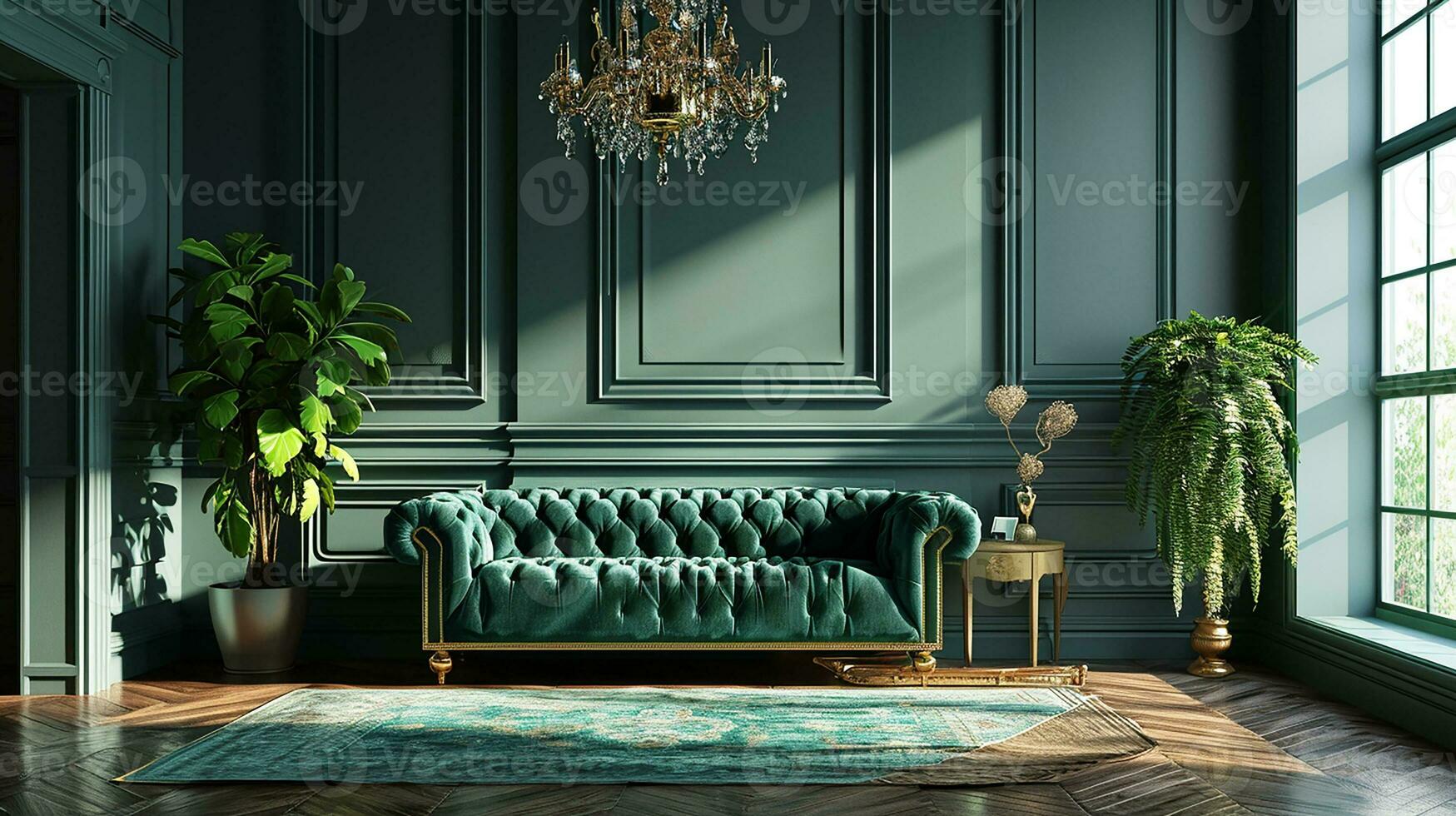 AI generated living room interior design with sofa minimal aesthetic 3d rendered photo