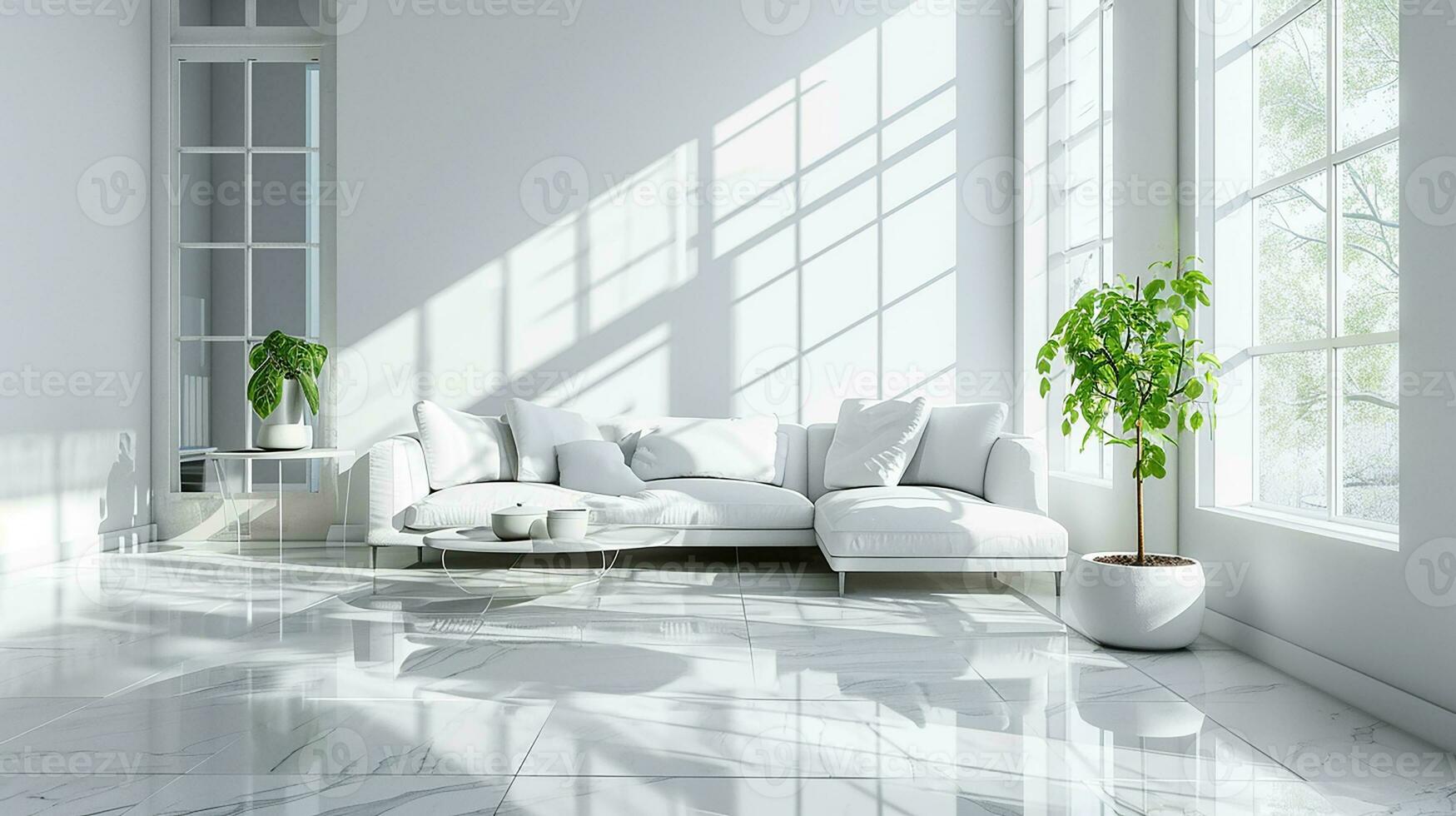 AI generated white living room interior design with sofa minimal aesthetic 3d rendered photo