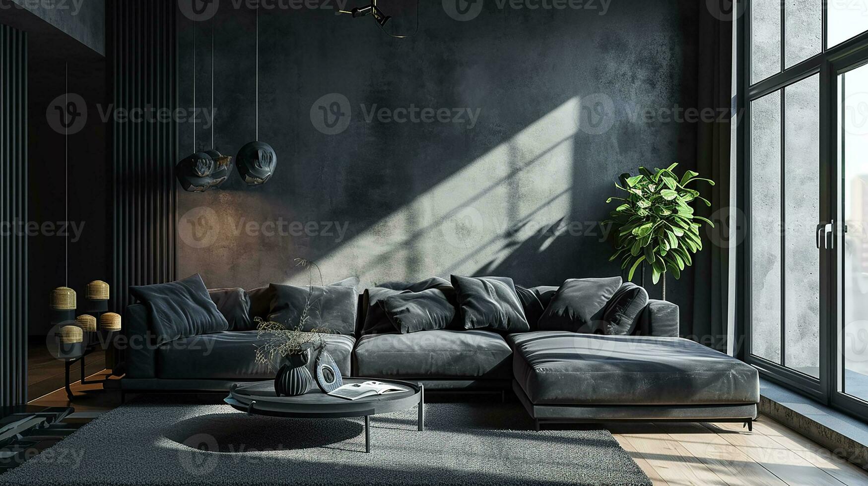 AI generated living room interior design with sofa minimal aesthetic 3d rendered photo