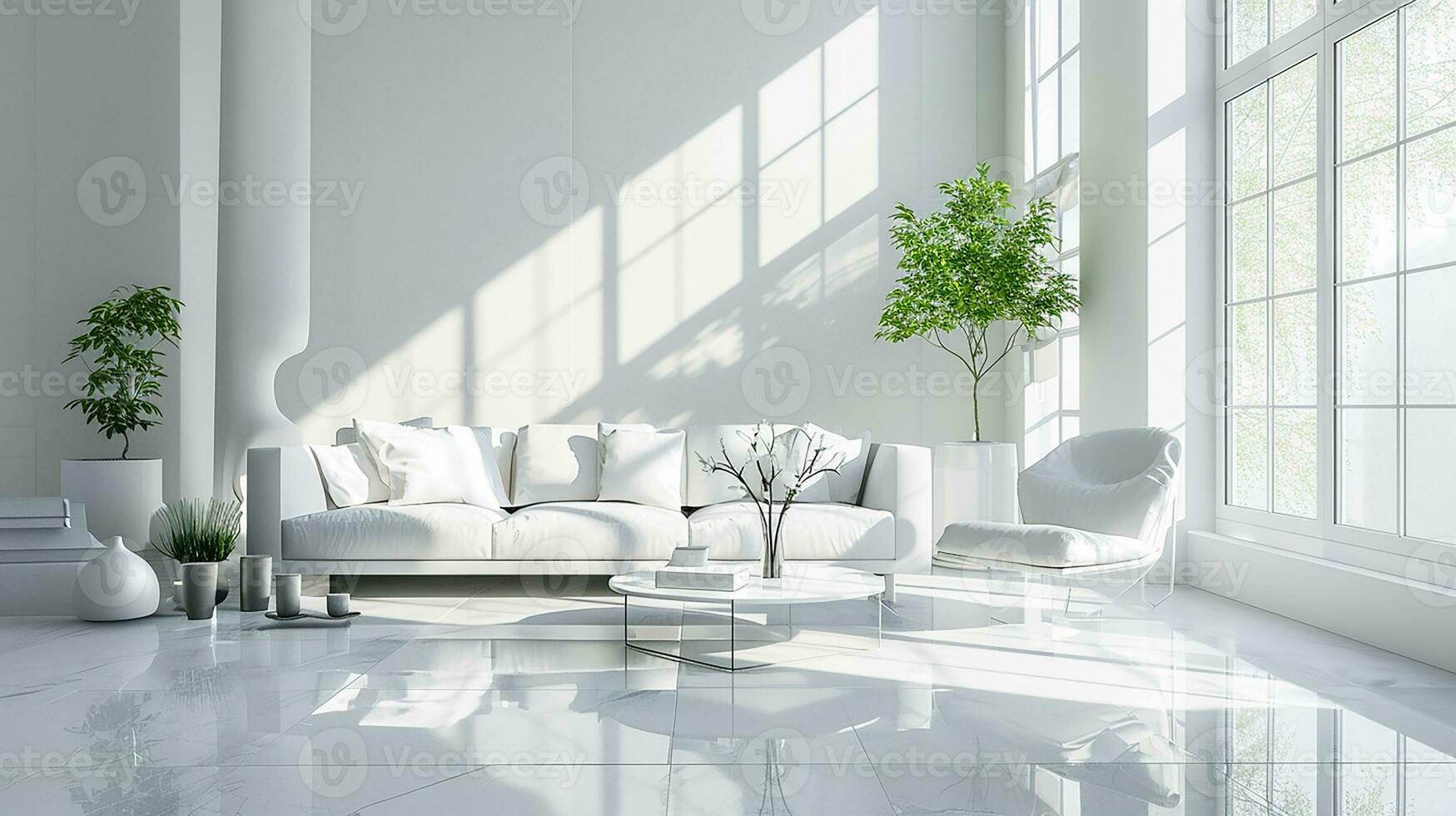 AI generated white living room interior design with sofa minimal aesthetic 3d rendered photo