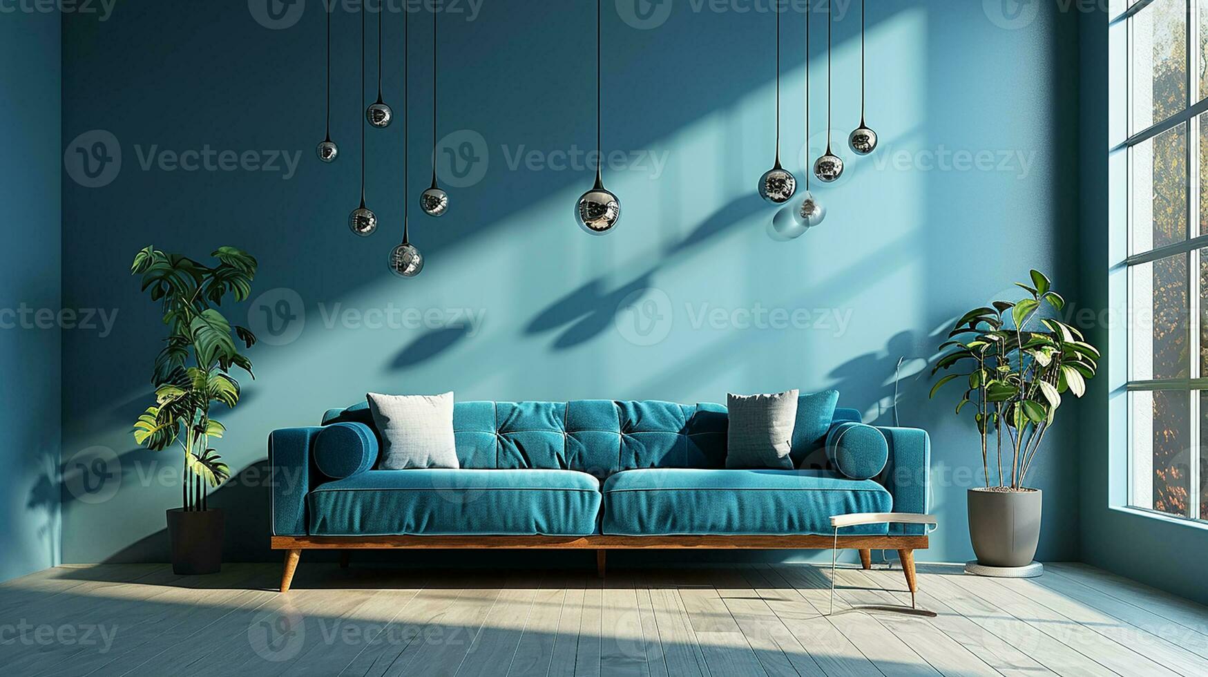 AI generated living room interior design with sofa minimal aesthetic blue velvet 3d rendered photo