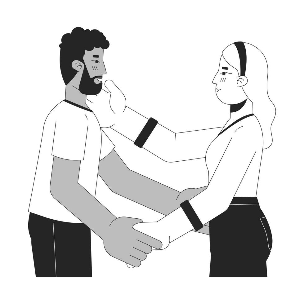 Interracial heterosexual lovers embrace black and white 2D line cartoon characters. Affectionate sweethearts isolated vector outline people. Intimate bonding monochromatic flat spot illustration