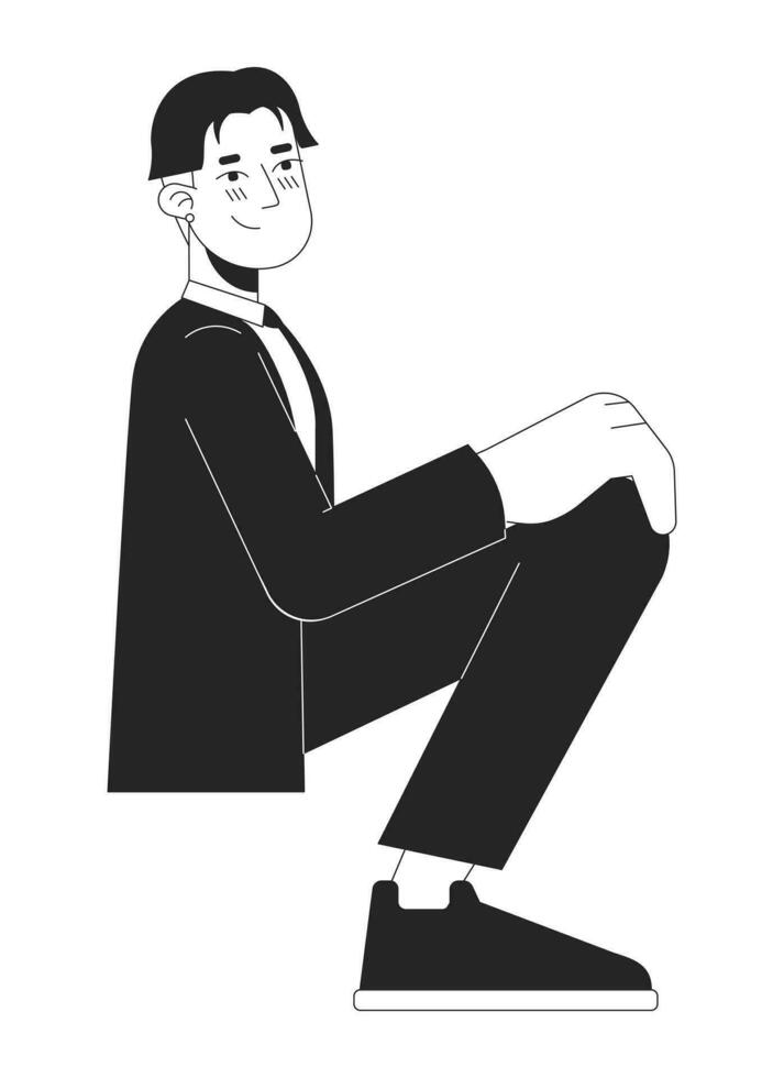 Prom formal wear korean young man black and white 2D line cartoon character. Shy sitting asian male isolated vector outline person. High school graduation party monochromatic flat spot illustration