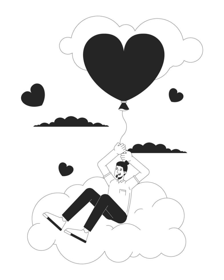 caucásico hombre volador con globo en nubes negro y blanco 2d línea dibujos animados personaje. nublado corazón conformado globo europeo masculino aislado vector contorno persona. monocromo plano Mancha ilustración