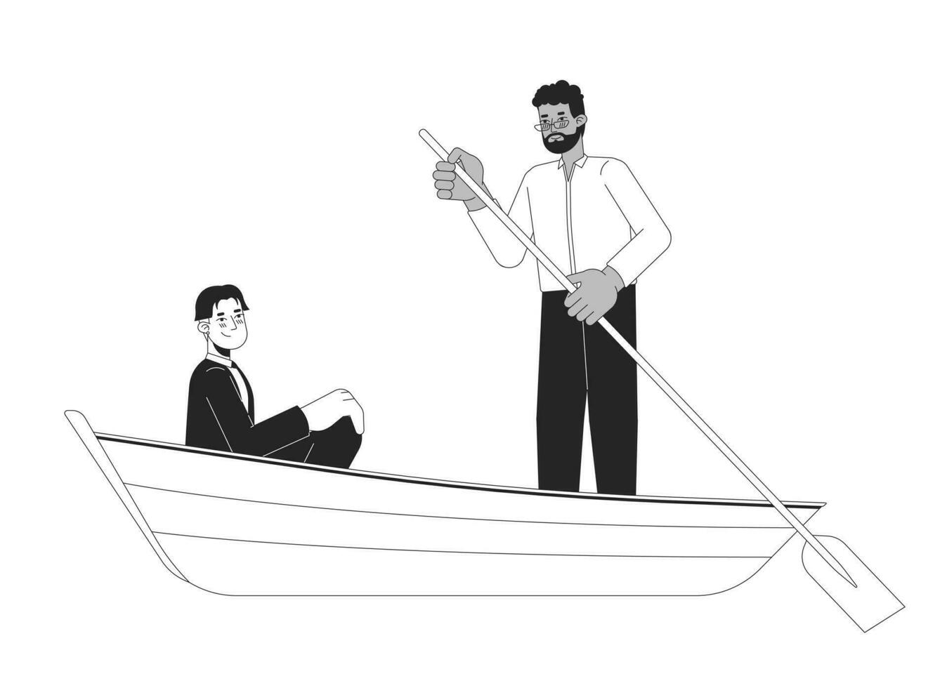 interracial gay hombres en romántico barco paseo negro y blanco 2d línea dibujos animados caracteres. cariñoso homosexual Pareja aislado vector contorno gente. lago romance monocromo plano Mancha ilustración