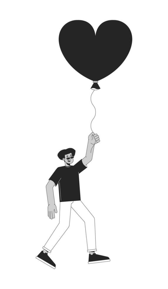 Hispano hombre volador con globo en manos negro y blanco 2d línea dibujos animados personaje. corazón conformado globo masculino latín americano aislado vector contorno persona. soñador monocromo plano Mancha ilustración