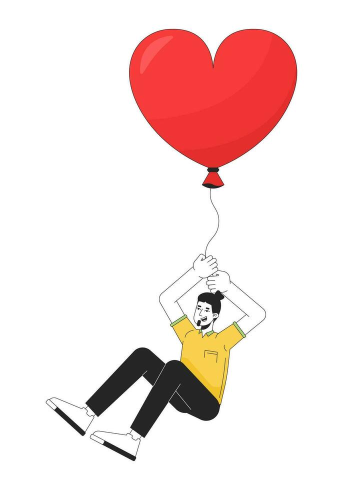 Caucasian adult man flying with balloon in hands 2D linear cartoon character. Heart shaped baloon european male isolated line vector person white background. Dreamy color flat spot illustration