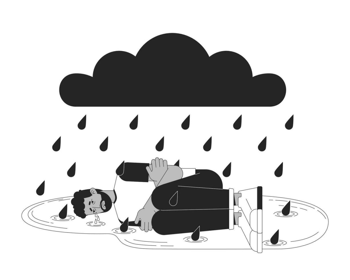 Descompostura emocional estrés negro y blanco 2d ilustración concepto. invierno tristeza negro hombre dibujos animados contorno personaje aislado en blanco. estacional afectivo trastorno metáfora monocromo vector Arte