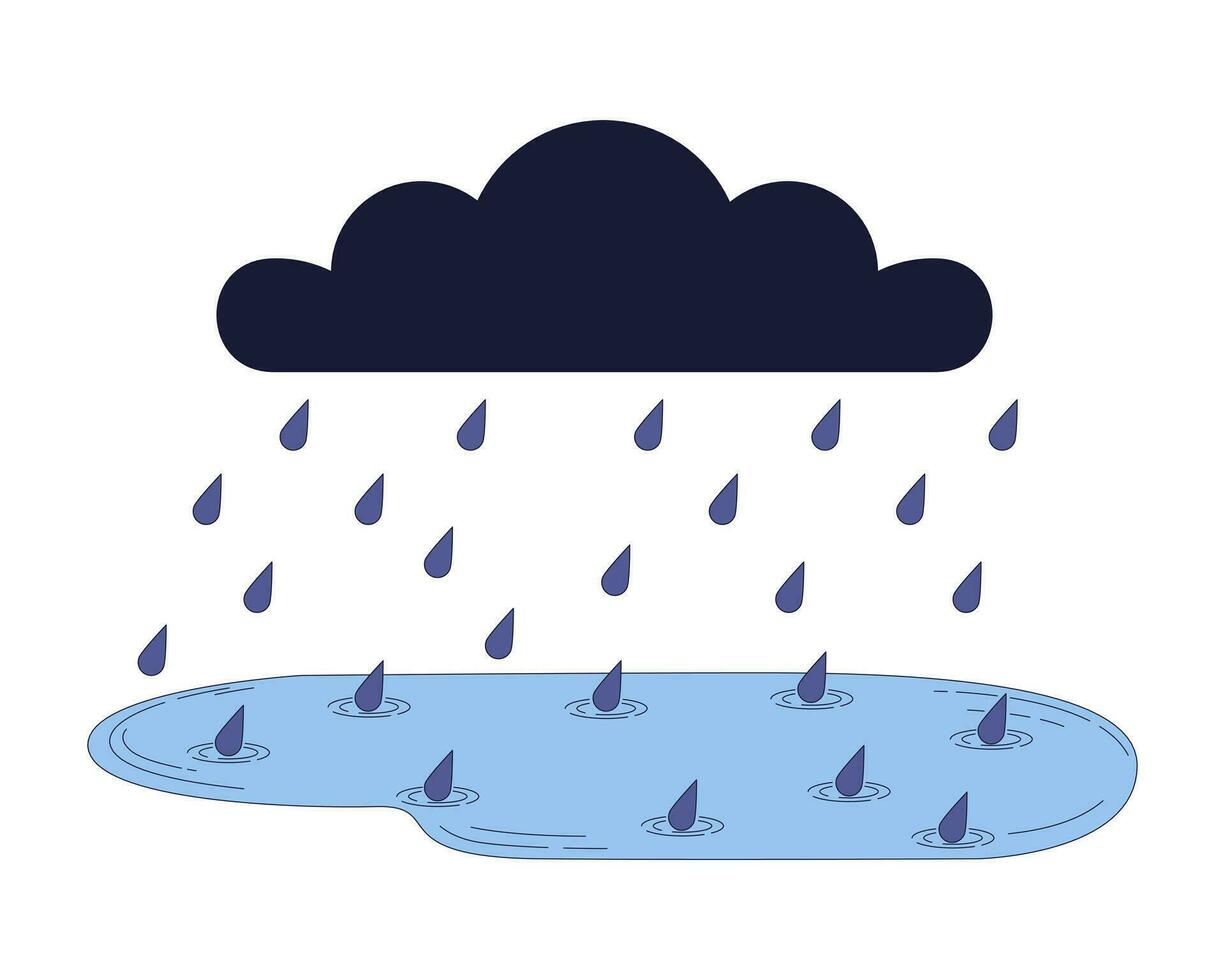 Rainy cloud falling raindrops 2D linear cartoon object. Storm bad weather downpour isolated line vector element white background. Gloomy fall season. Autumn rainfall color flat spot illustration