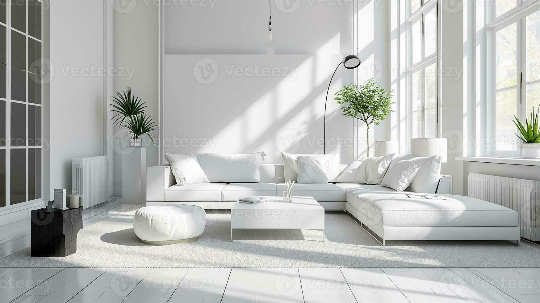 AI generated White living room interior design with sofa minimal aesthetic 3d rendered photo