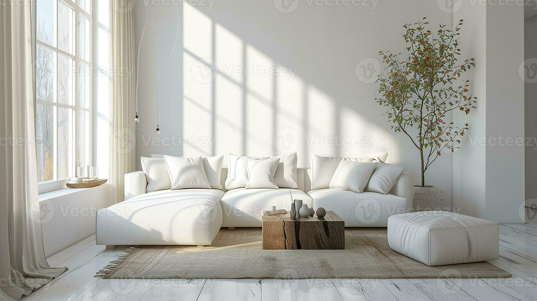 AI generated White living room interior design with sofa minimal aesthetic 3d rendered photo