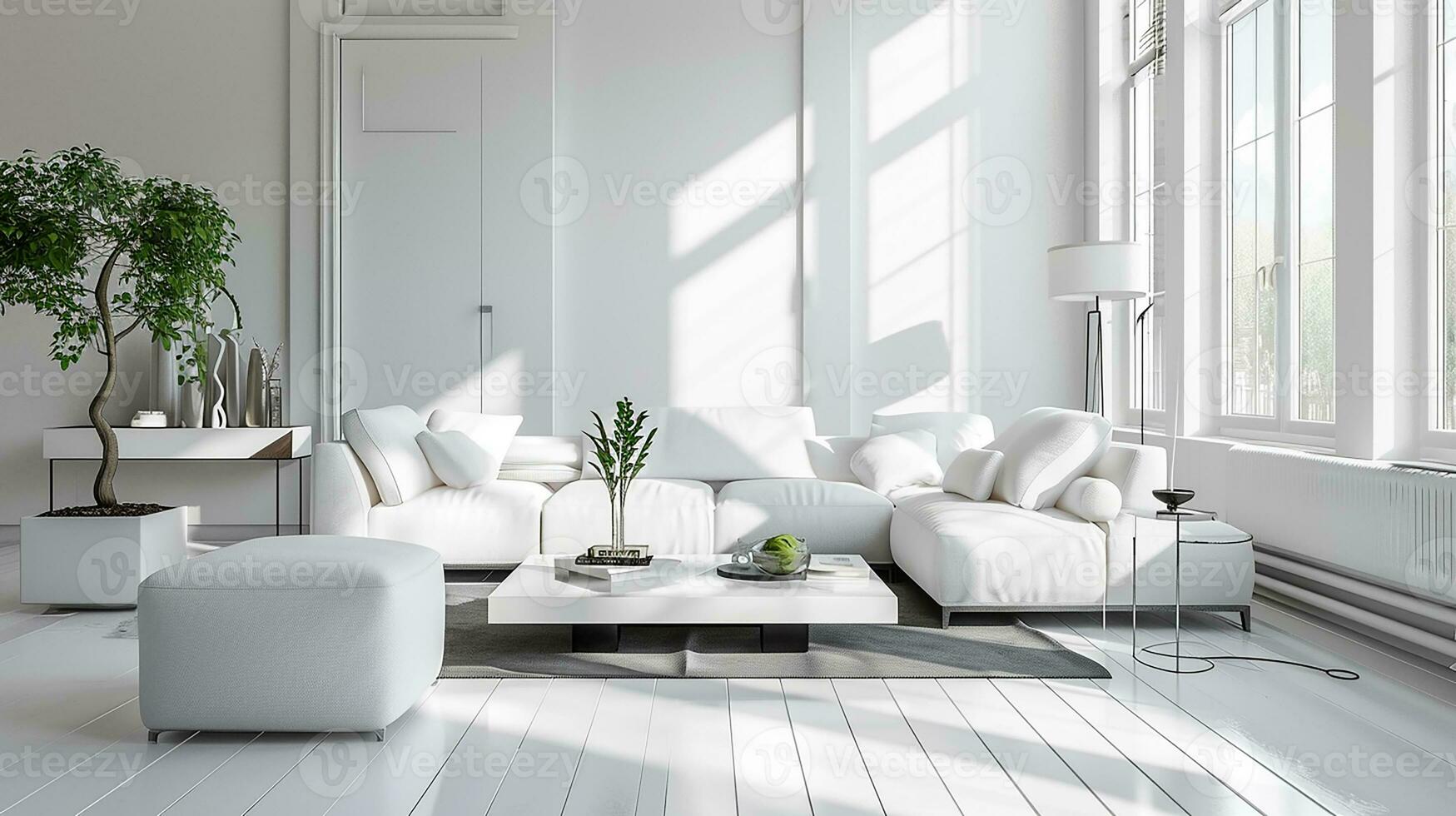 AI generated White living room interior design with sofa minimal aesthetic 3d rendered photo