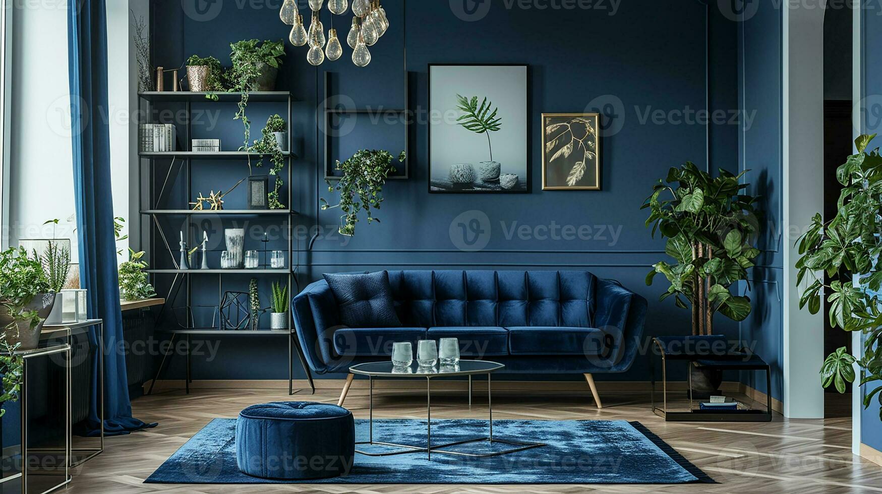 AI generated living room interior design with sofa minimal aesthetic blue velvet 3d rendered photo