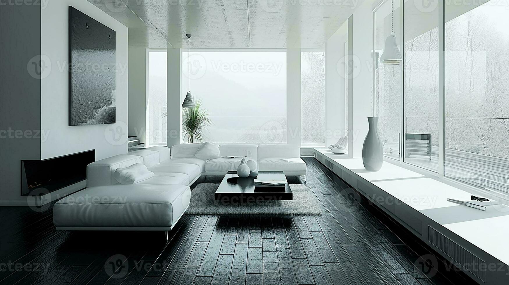 AI generated black and white living room interior design with sofa minimal aesthetic 3d rendered photo