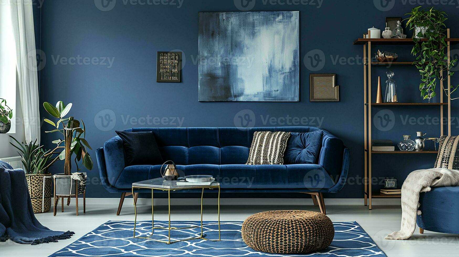 AI generated living room interior design with sofa minimal aesthetic blue velvet 3d rendered photo