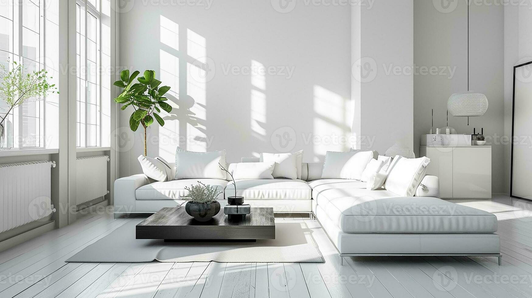 AI generated White living room interior design with sofa minimal aesthetic 3d rendered photo