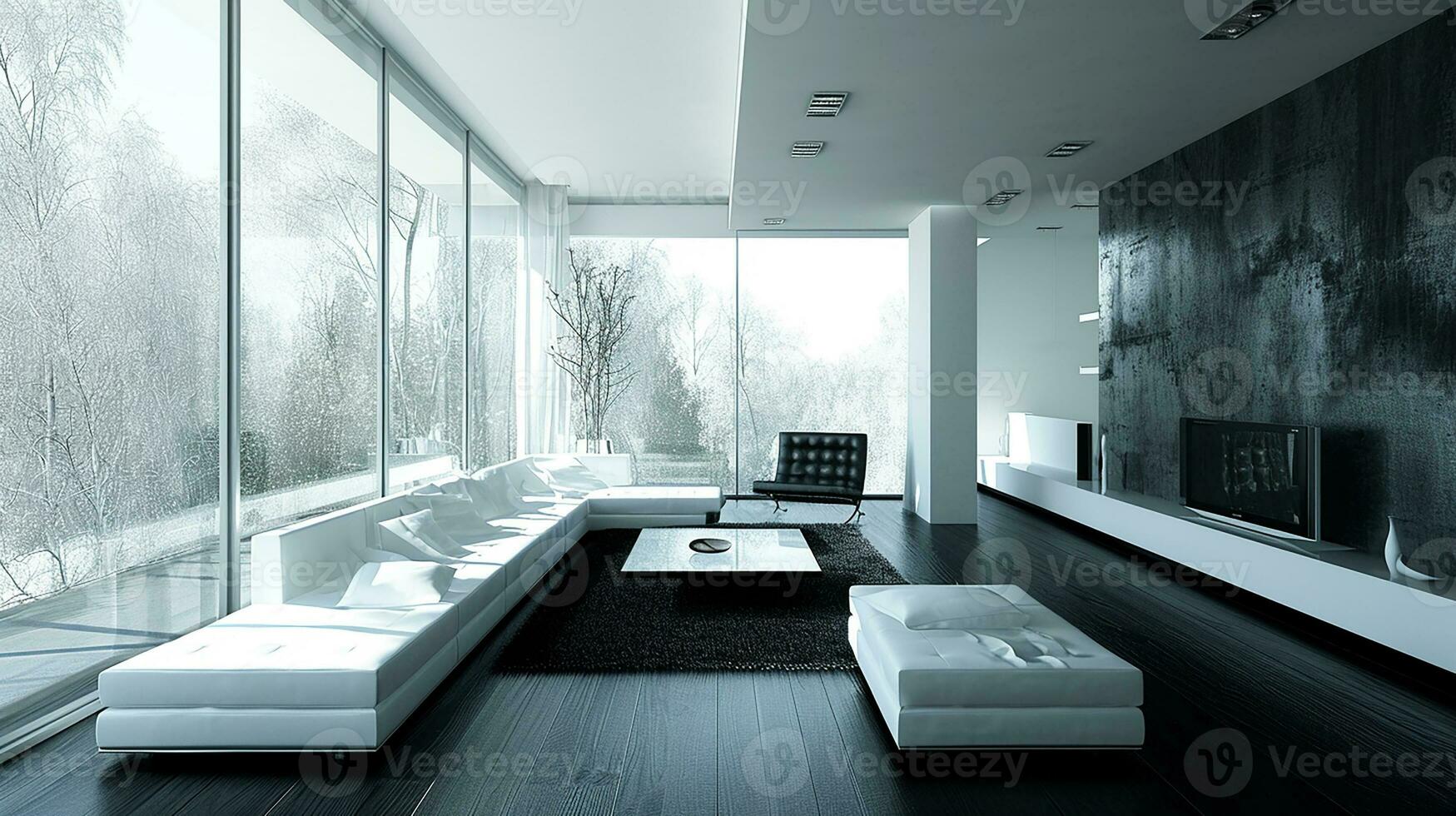 AI generated black and white living room interior design with sofa minimal aesthetic 3d rendered photo