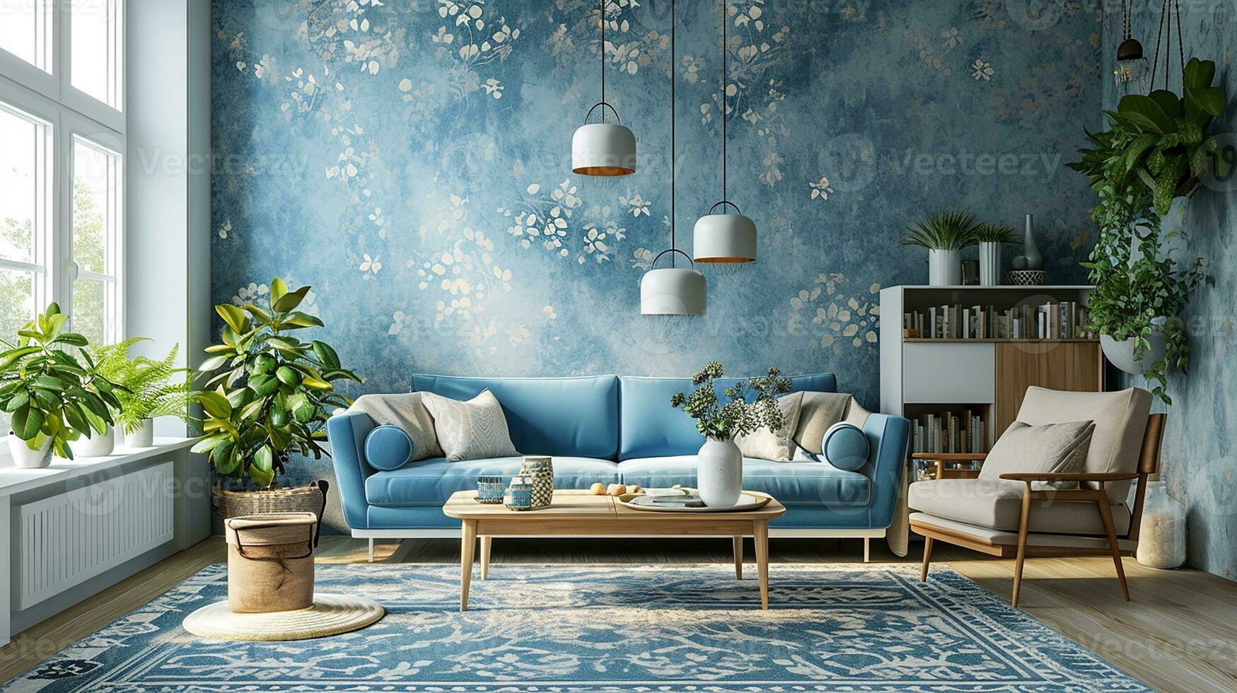 AI generated living room interior design with sofa minimal aesthetic 3d rendered photo