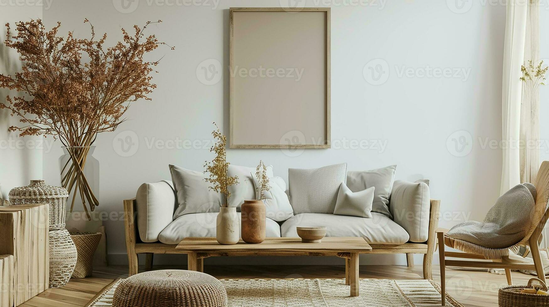 AI generated living room interior design with sofa minimal aesthetic 3d rendered photo
