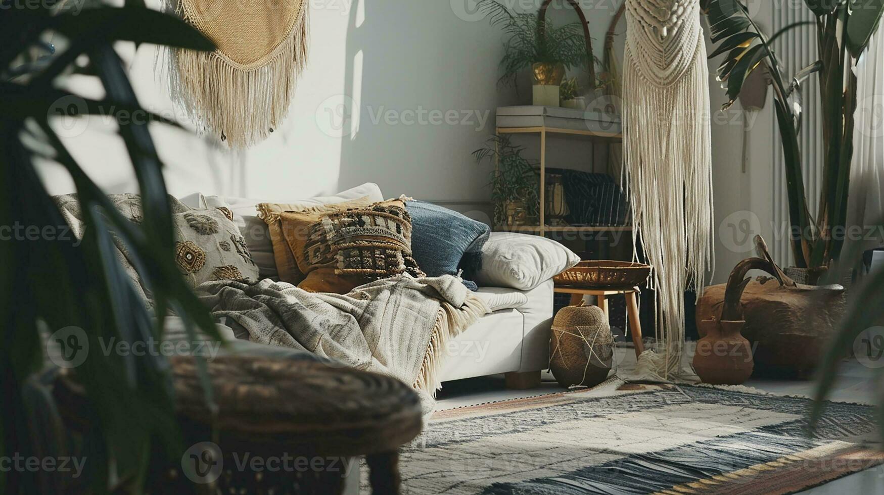 AI generated living room interior design with sofa minimal aesthetic 3d rendered photo