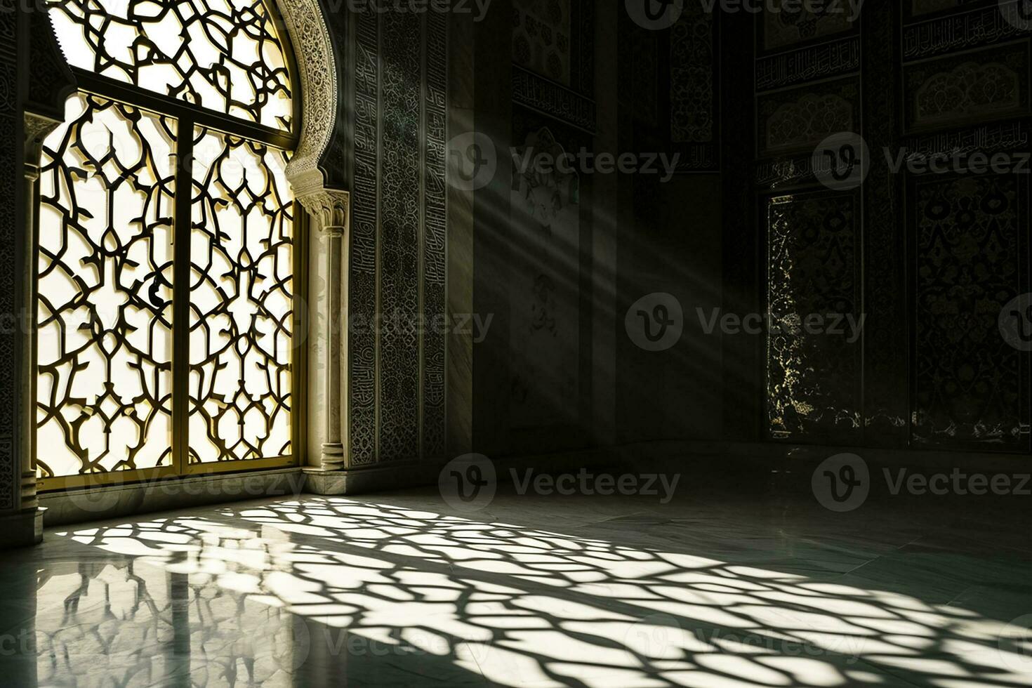 AI generated Islamic background light with mosque window ornament scene photo