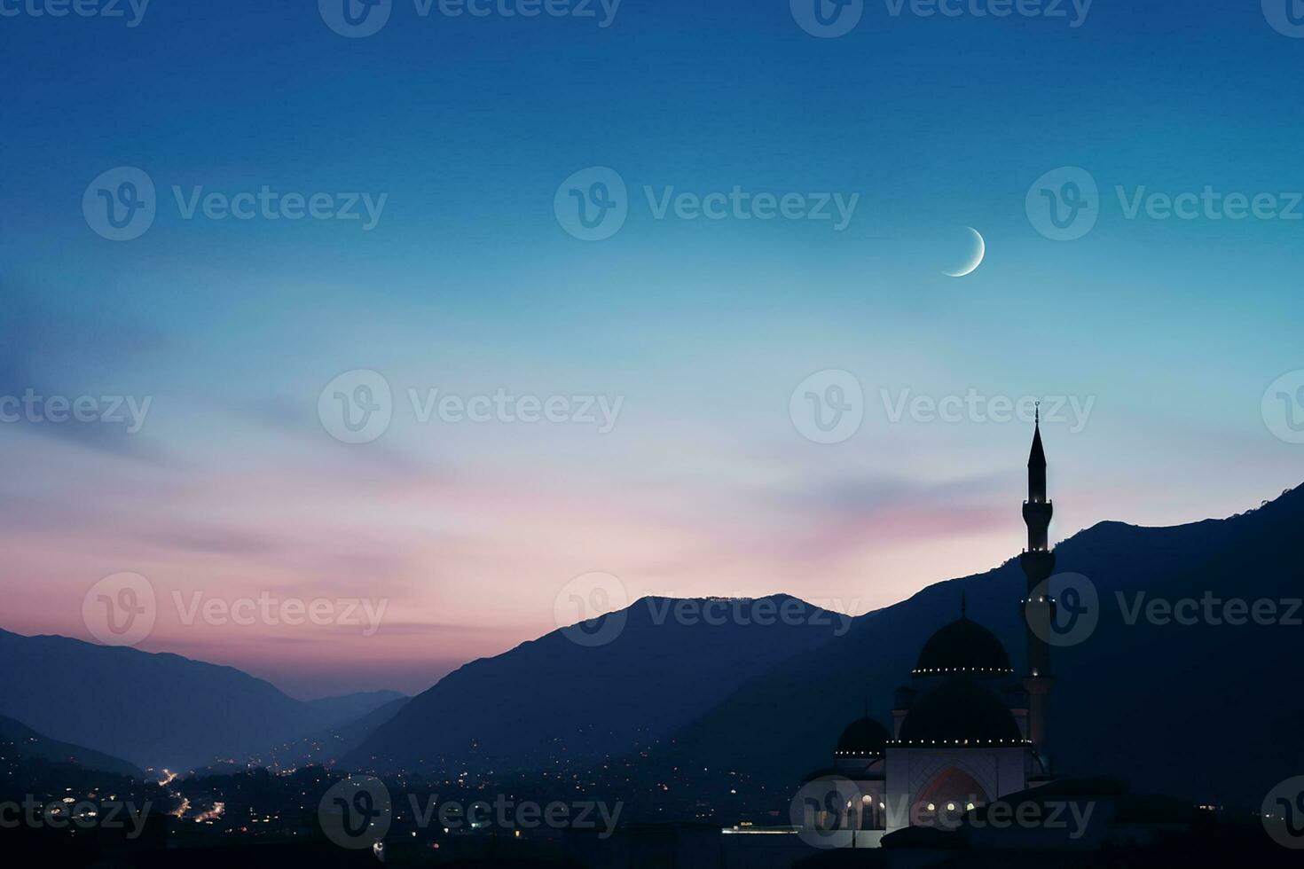 ai generado un mezquita en noche y Luna en antecedentes Ramadán kareem celebracion foto