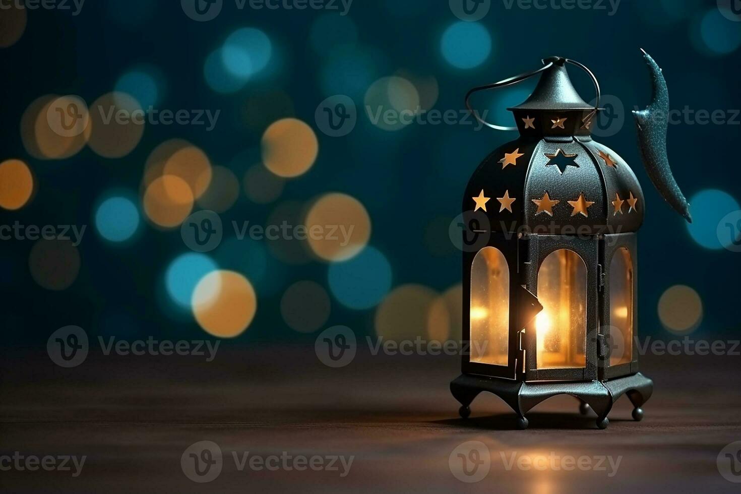 AI generated Ornamental Arabic lantern glowing on table for Muslim holy month Ramadan Kareem photo