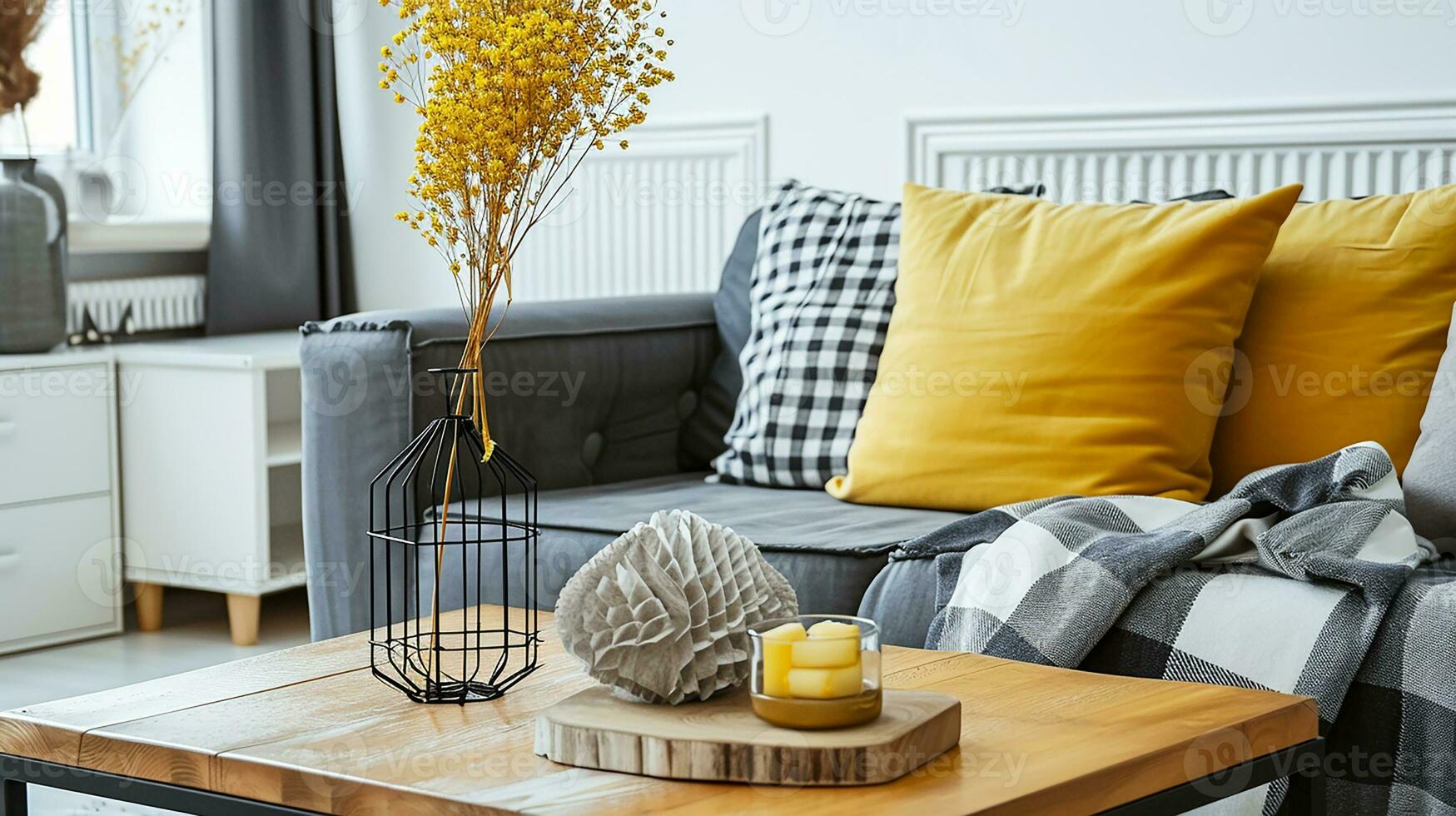 AI generated living room interior design with sofa minimal aesthetic 3d rendered photo