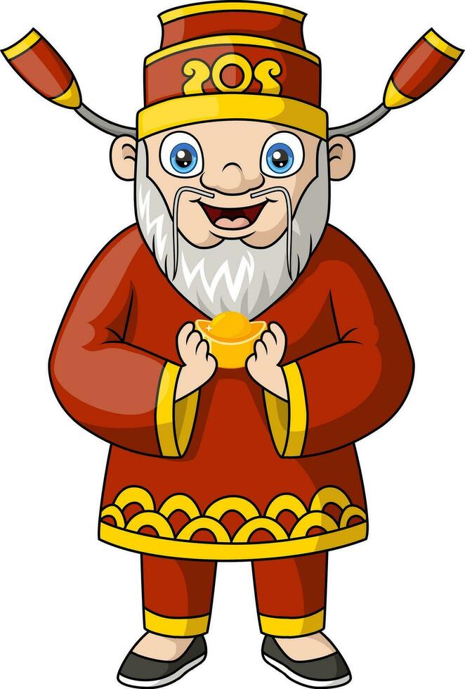 Cute of god of wealth cartoon holding gold ingot vector