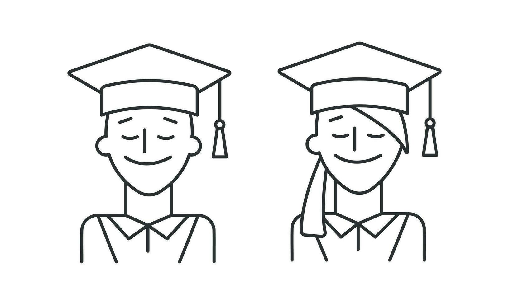 Graduating boy and girl students avatars line icon. Happy and cheerful people. Education icon. Vector