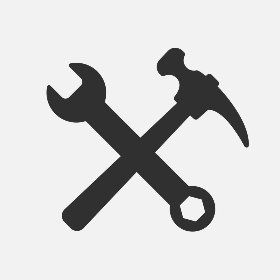 Wrench and spanner black icon. Business emblem. Repair, fixing, homemade, DIY concept. Vector