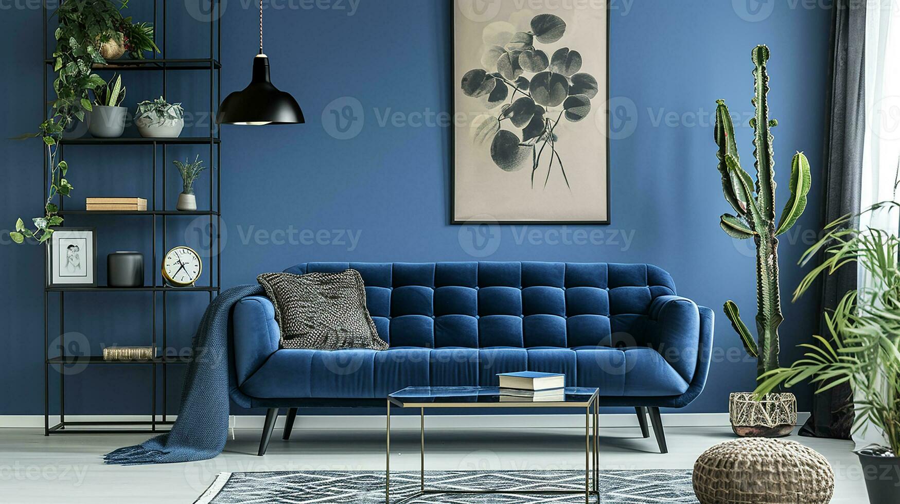 AI generated Blue living room interior design with sofa minimal aesthetic 3d rendered photo