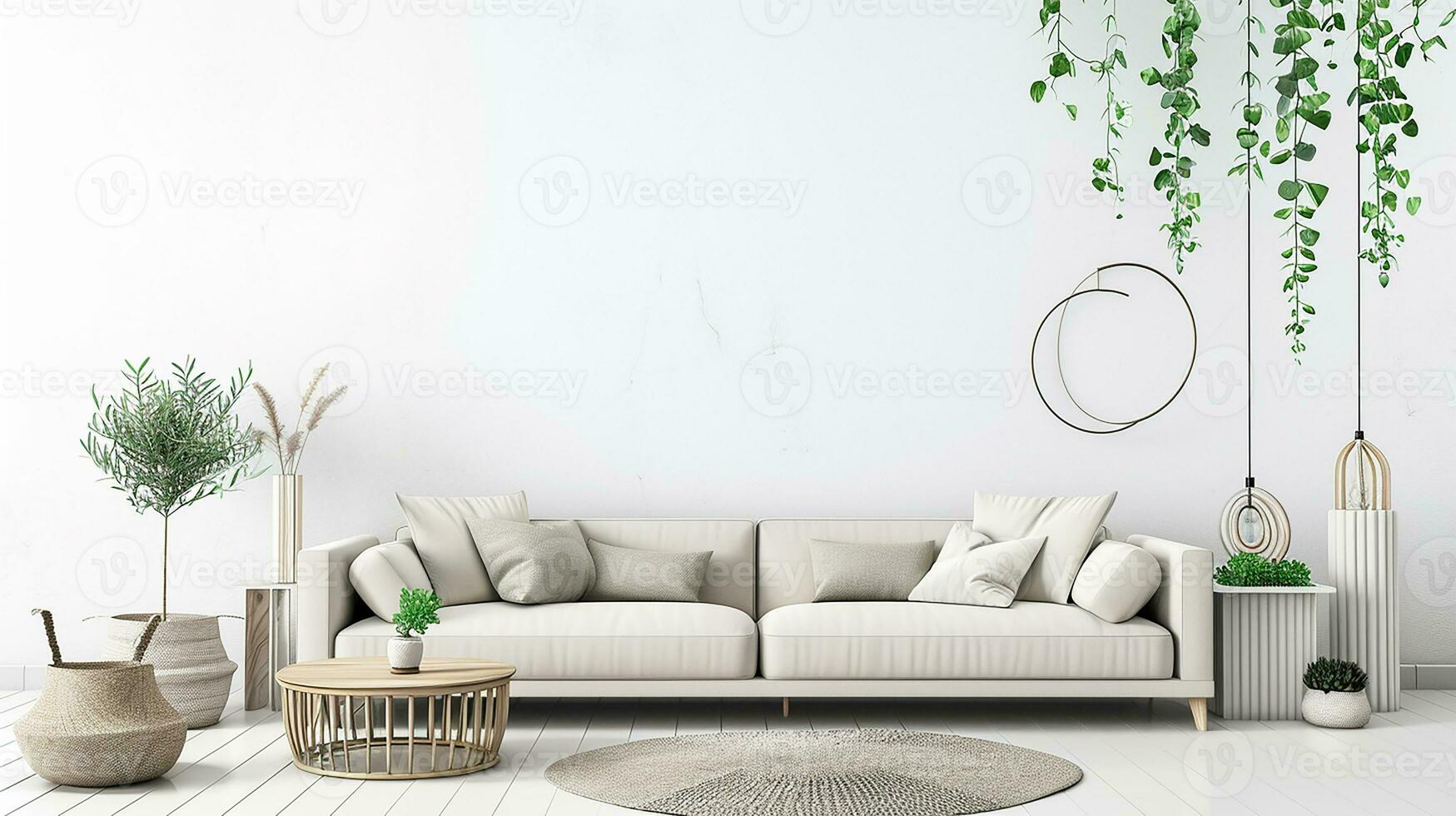 AI generated living room interior design with sofa minimal aesthetic 3d rendered photo