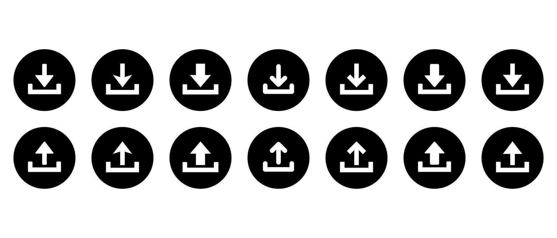 Download and upload icon set collection on black circle. Down and up arrow symbol vector