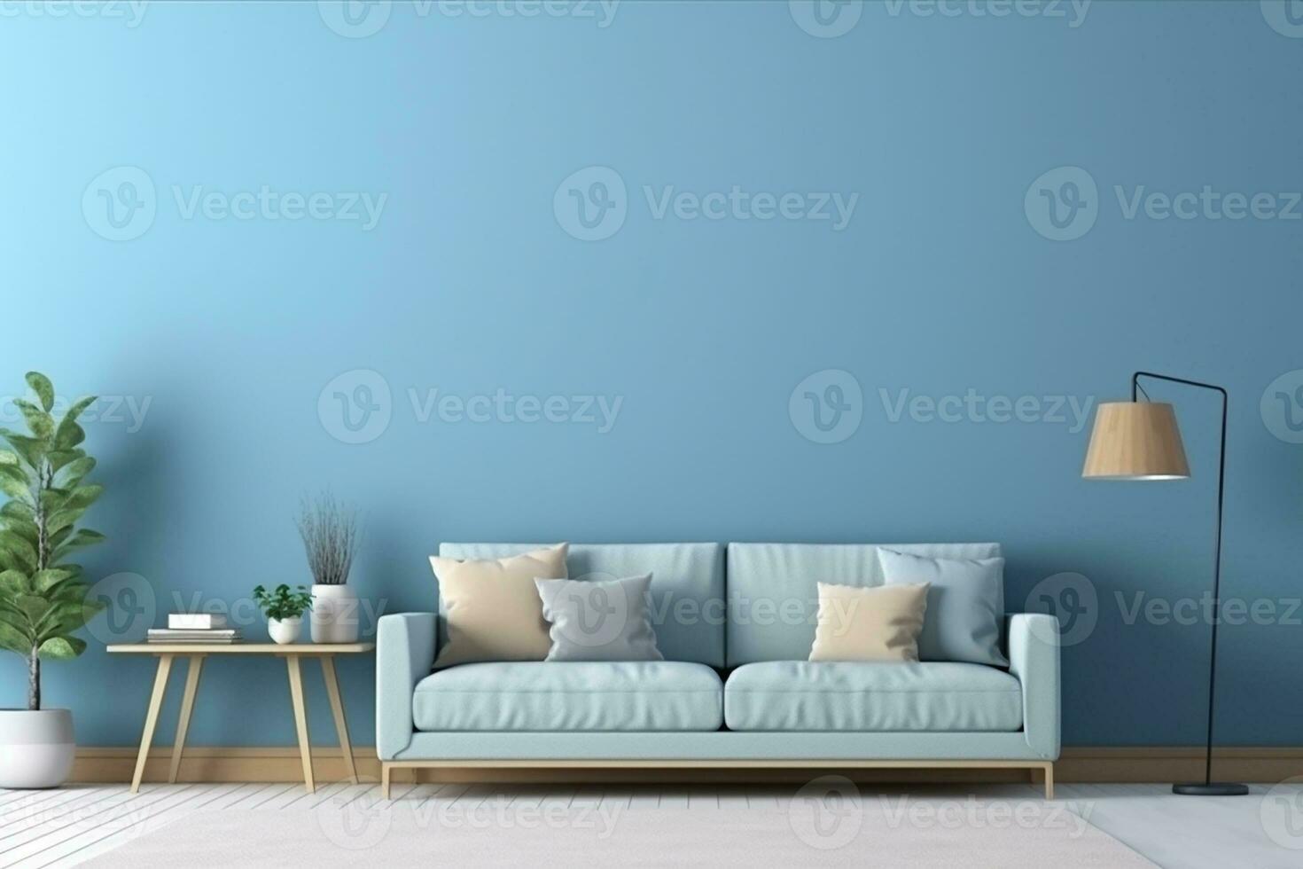 AI generated Blue living room interior design with sofa minimal aesthetic 3d rendered photo