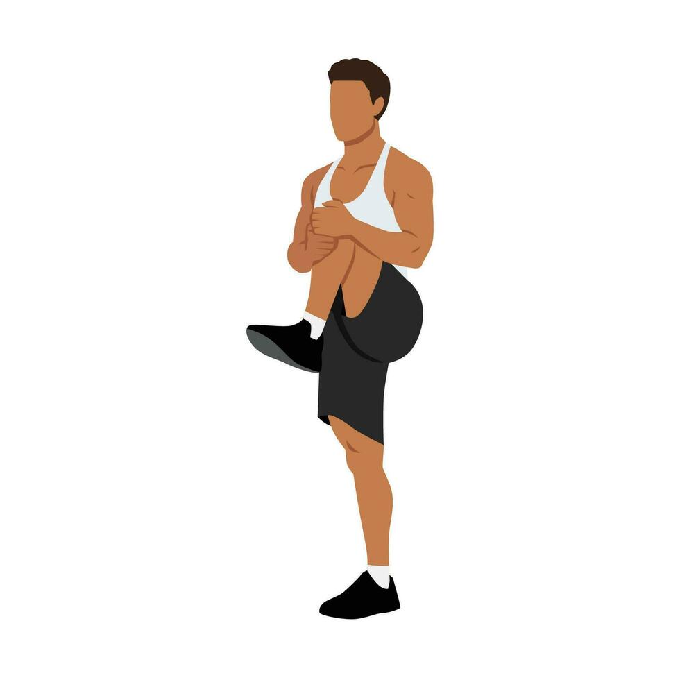 hombre haciendo en pie rodilla abrazos ejercicio. vector