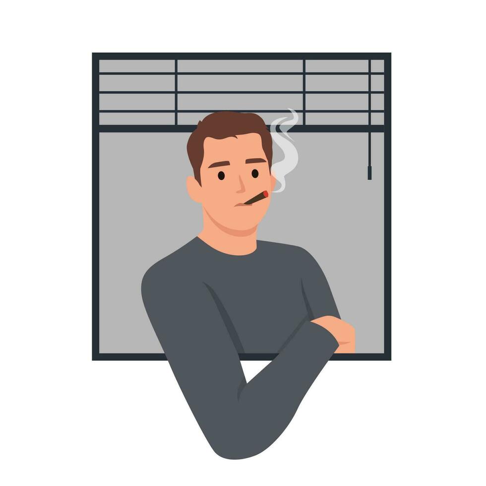 Man smoking cigarette, standing by window sill at home. Smoker enjoying tobacco indoors. Nicotine addicted guy with unhealthy bad habit. vector