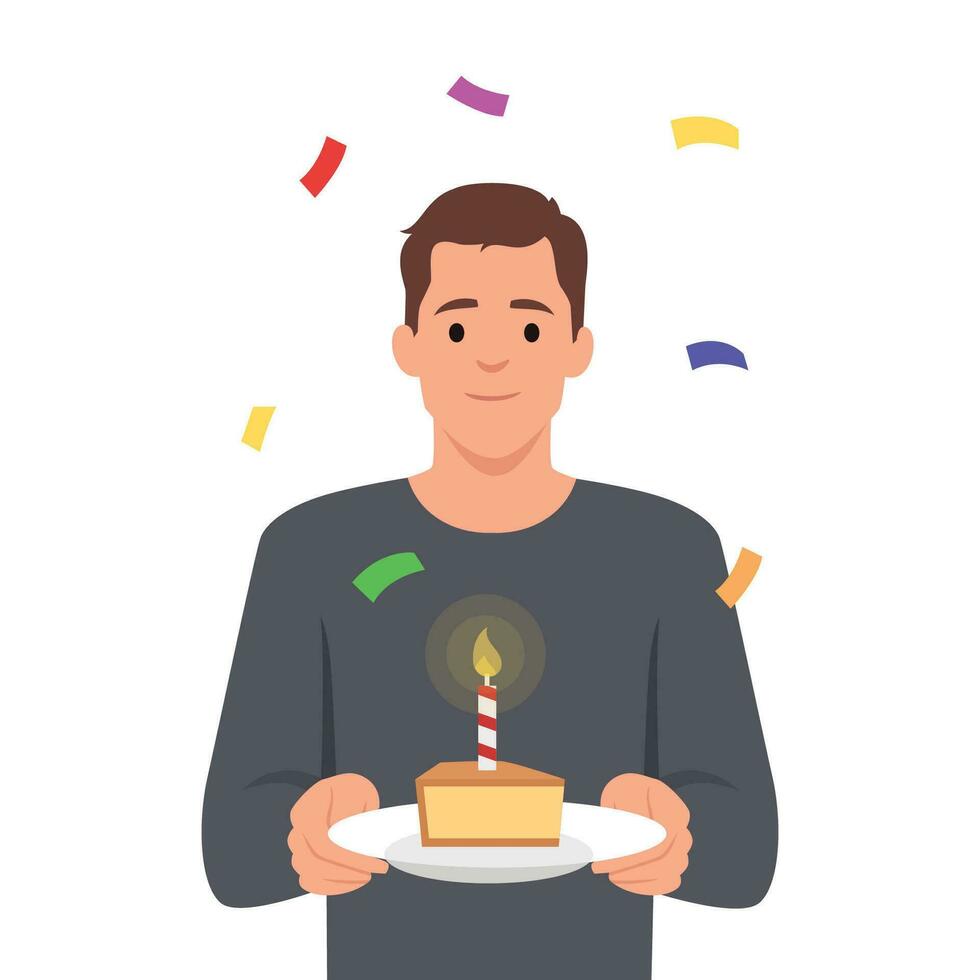 Young man standing right and holding a Birthday big sweet cake with candles vector