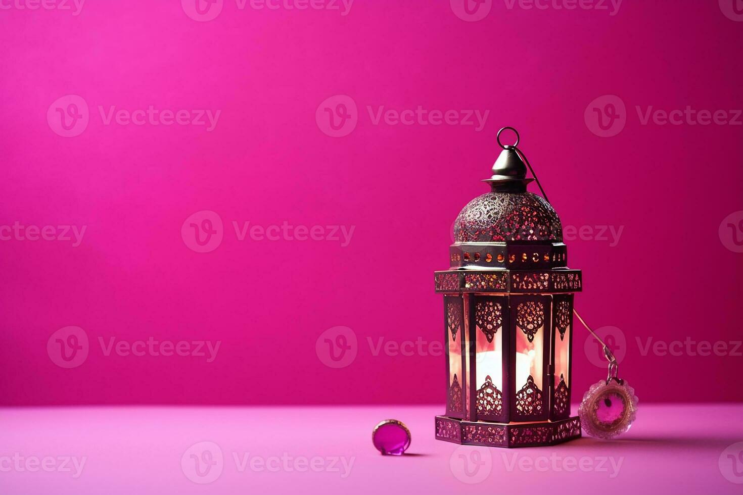 AI generated Arabic lantern glowing on magenta background holy month Ramadan Kareem photo