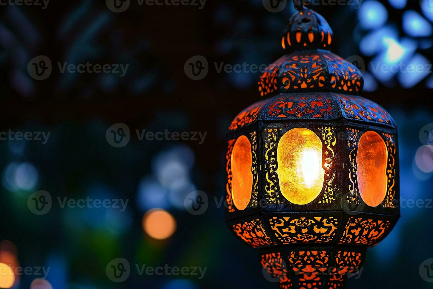 AI generated An illuminated Arabic colorful hanging Ramadan lantern photo