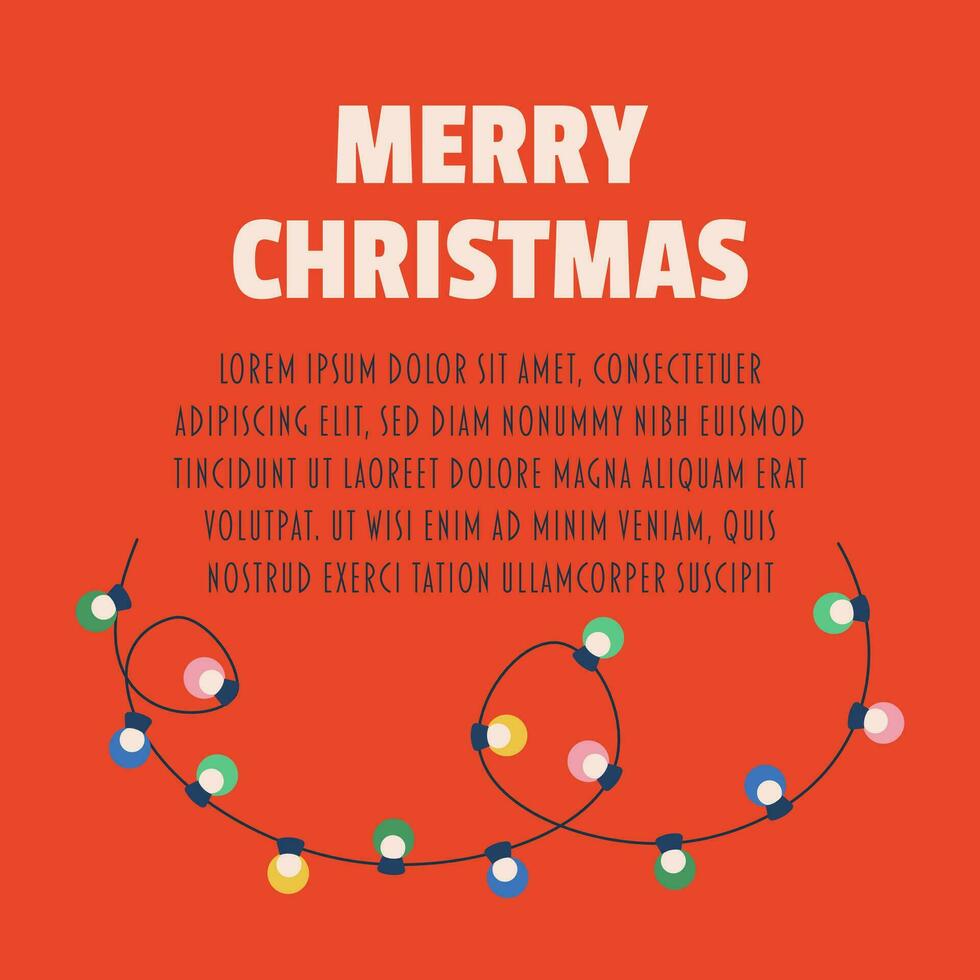Postcard with text merry christmas, garland with light bulbs, lettering. vector