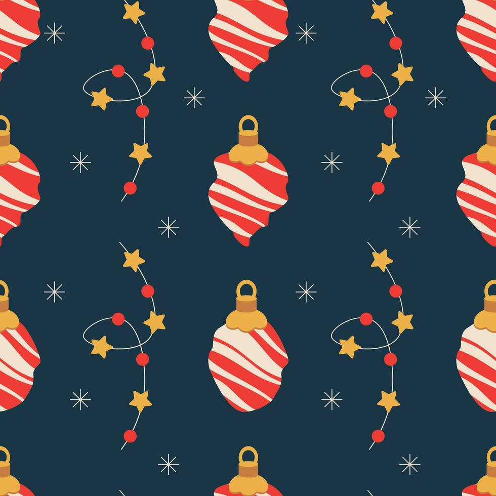 Christmas pattern with garland with light bulbs and toy, ornament for the tree. vector