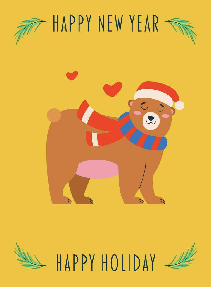 Postcard with text happy new year, Christmas tree branch, holiday, bear with a red hat and scarf. vector