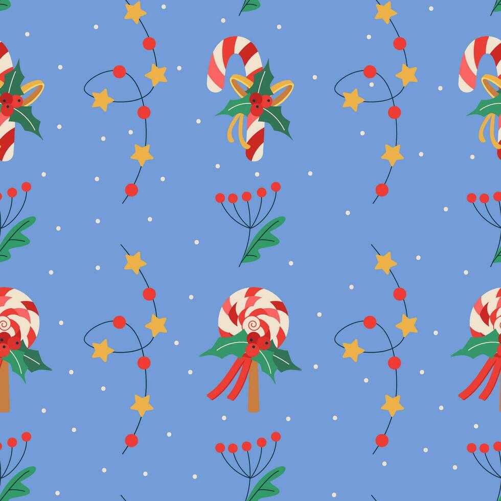 Christmas pattern with lollipop, stick, ribbon and mistletoe leaves, garland with light bulbs. vector