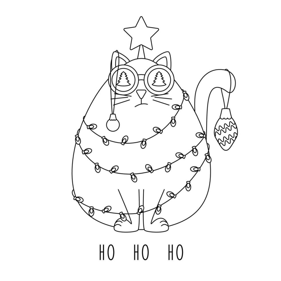 Christmas card with a funny cat wrapped in a garland and toys with a star on its head and text ho ho ho. vector