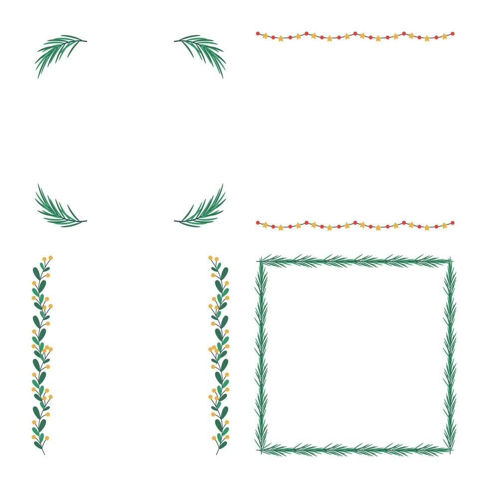 Set of Christmas frame with tree branch and yellow berries, garland, leaves. vector