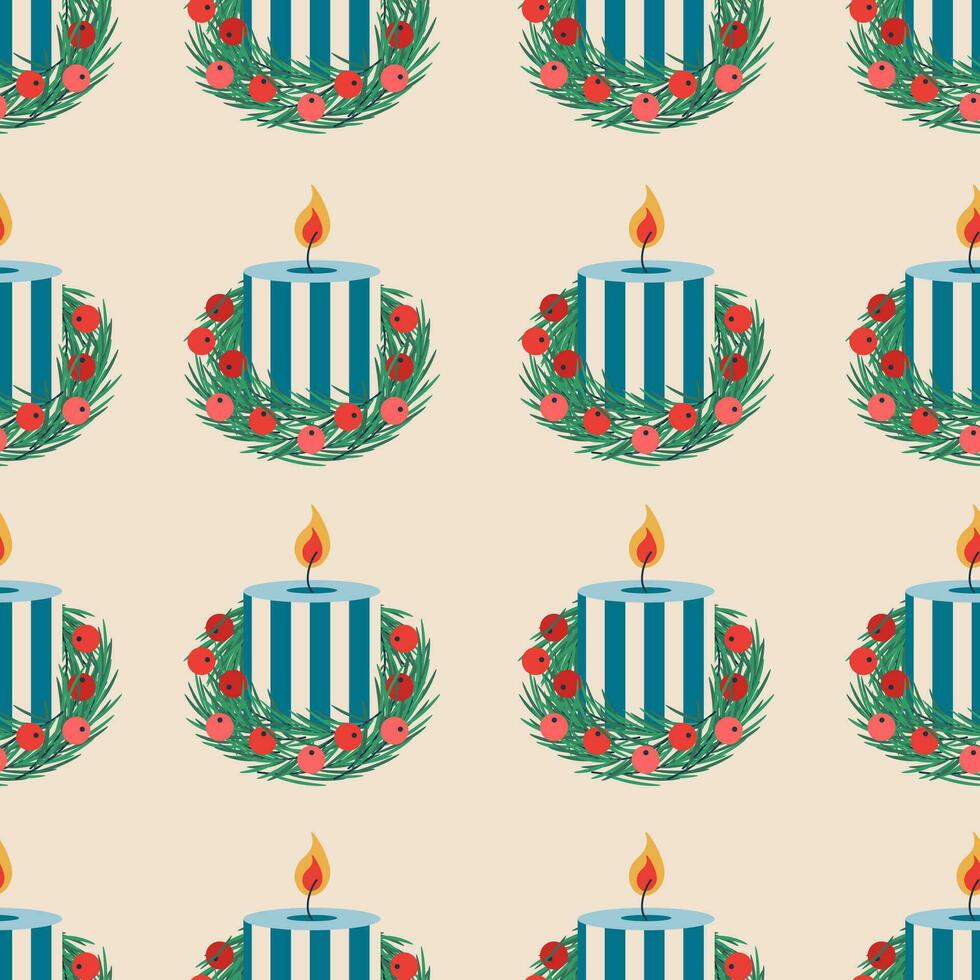 Christmas pattern with candle and mistletoe leaves. vector